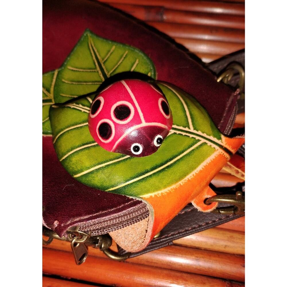 Vintage Handmade Leather Ladybug Crossbody Bag Boho Folk Art Purse - Picture 2 of 5